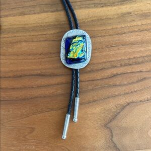 Blue and Gold Maruno glass and silver Bolo tie